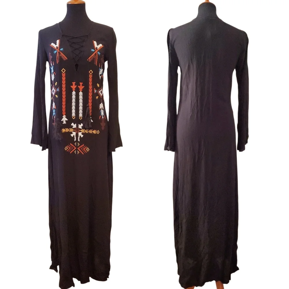 Embroidered Black Maxi Dress w/ Side Slits Size S Native American Boho Nasty Gal - Picture 3 of 12